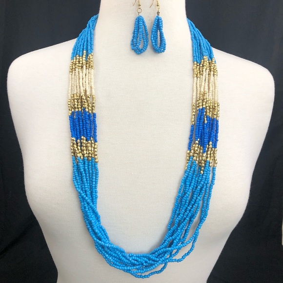 Blue Tones Layered Seed Bead Long Necklace Earrings Set - Picture 1 of 2
